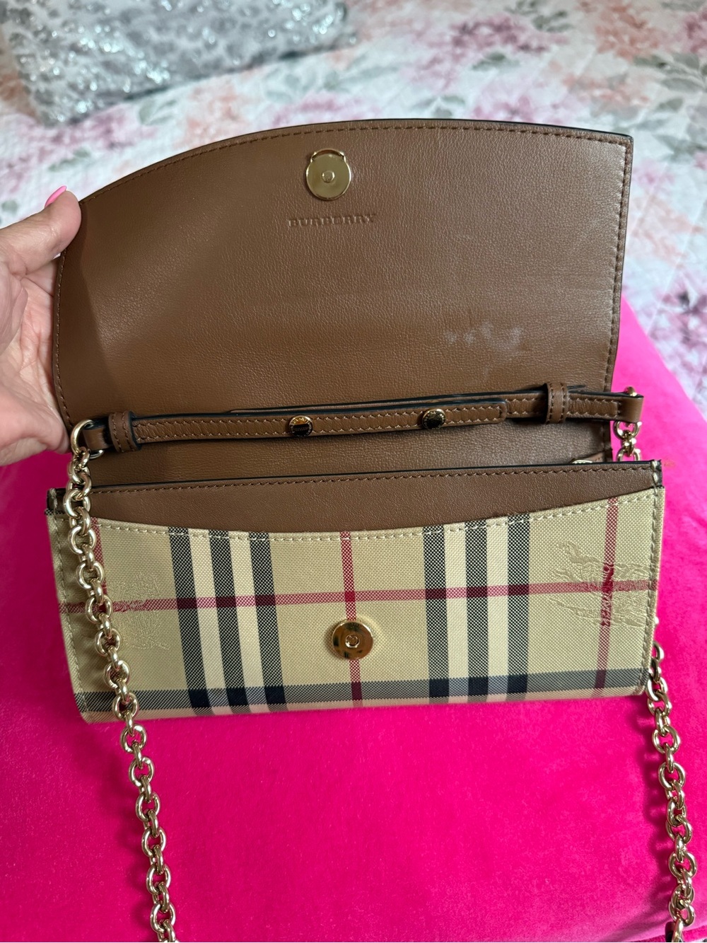 Burberry Brown Leather & Beige Check Crossbody Bag with Gold Chain - Picture 6 of 9